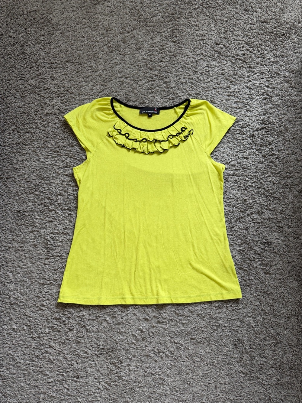 Vintage Laura Neon Yellow Ruffle Neck Cap Sleeve Tee with Black Trim